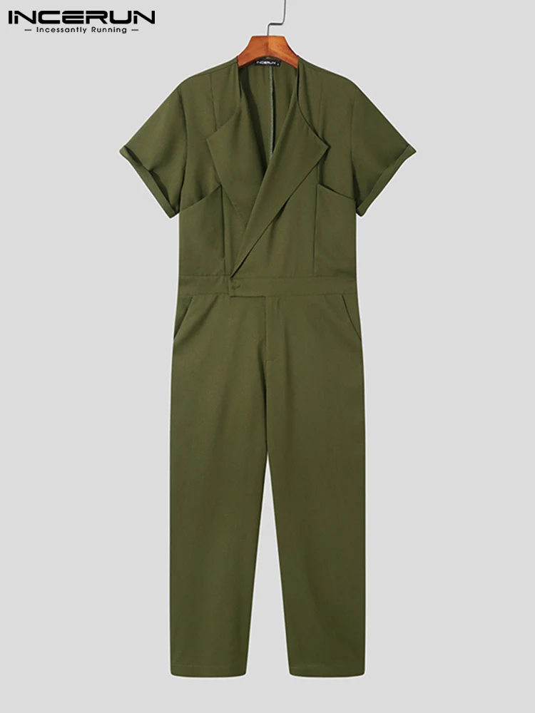 

INCERUN Men Jumpsuits Solid Color V Neck Short Sleeve Streetwear Casual Rompers 2022 Loose Fashion Leisure Men Overalls S-5XL