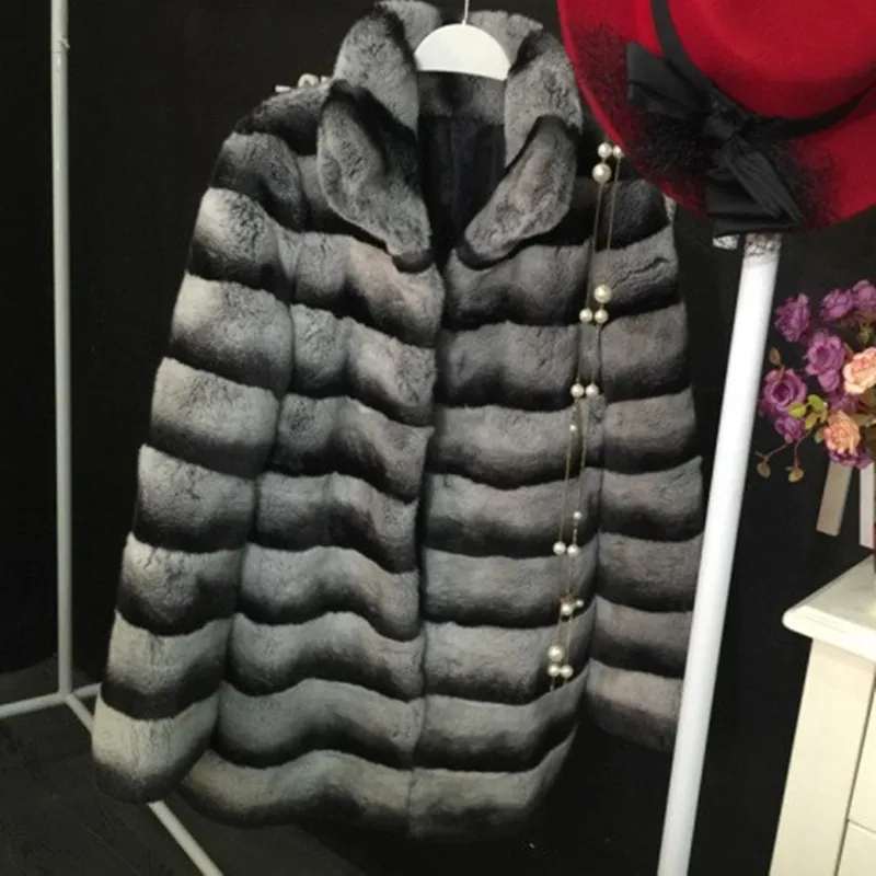 Russian Fashion Women Real Fur Coat Winter Warm Stand Collar Natural Chinchilla Rex Rabbit Fur Coat DA-77