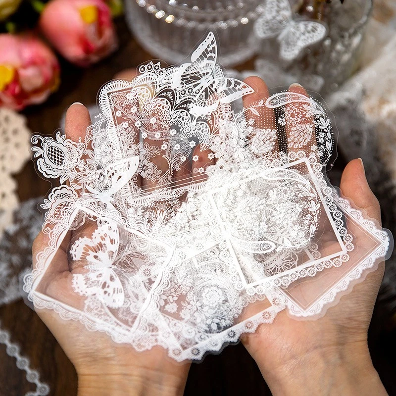 

30 Pcs Transparent White Lace Butterfly Sticker PET Decorative Stickers For Scrapbooking Diary DIY Decoration