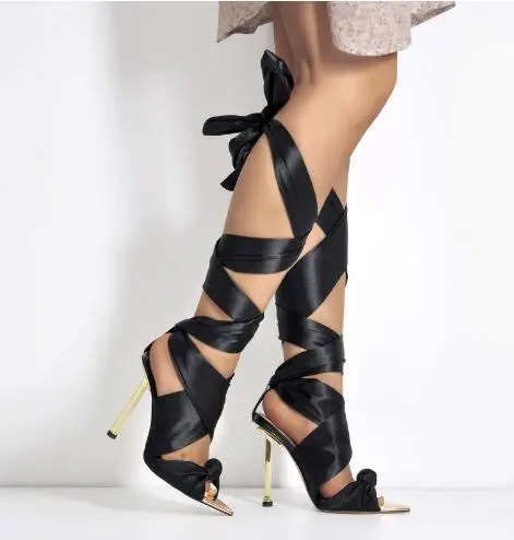 

Босоножки женские с открытым носком, шелковые сандалии с перекрестными шнуровками и узлом-бабочкой, модная классическая обувь под золото и металл, цвет черный