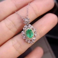 meibapj natural emerald gemstone flower pendant necklace real 925 pure silver green stone fine wedding jewelry for women