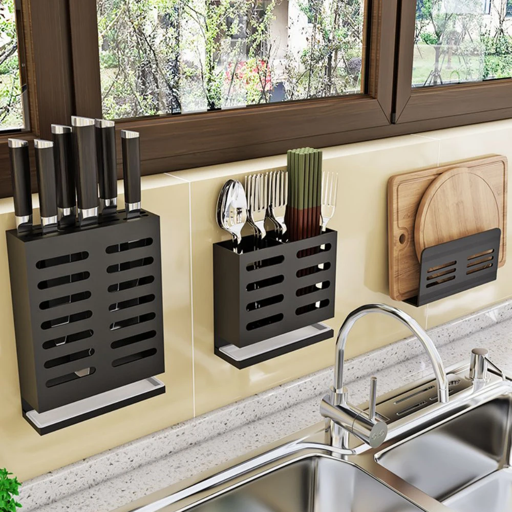 Продажа Стеллаж для кухни, черный алюминиевый держатель для сливных ножей, настенная полка, органайзер, аксессуары Дешево Стеллаж для кухни, черный алюминиевый держатель для сливных ножей, настенная полка, органайзер, аксессуары
