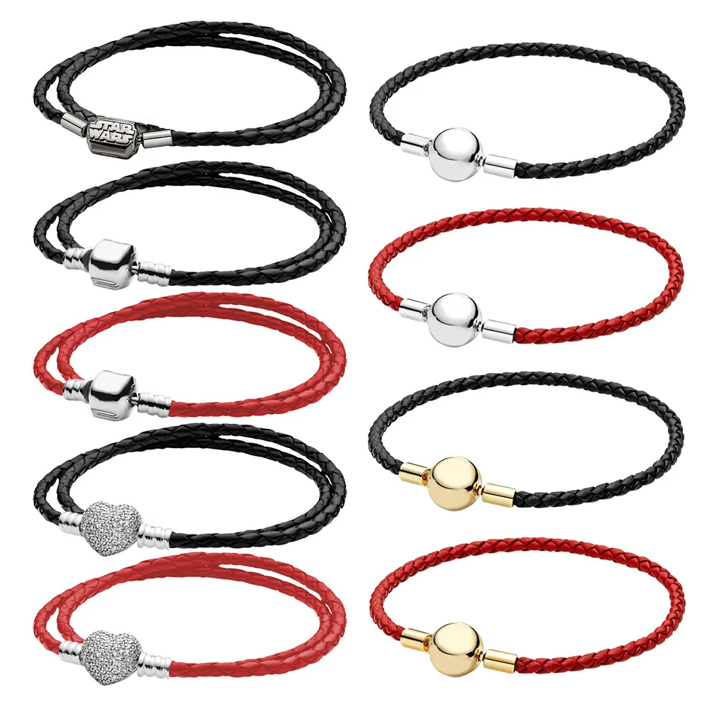 Pandora 925 Silver Leather Bracelets Couples Charms Jewelry Gift Original Women's Woven Leather Bracelet Man
