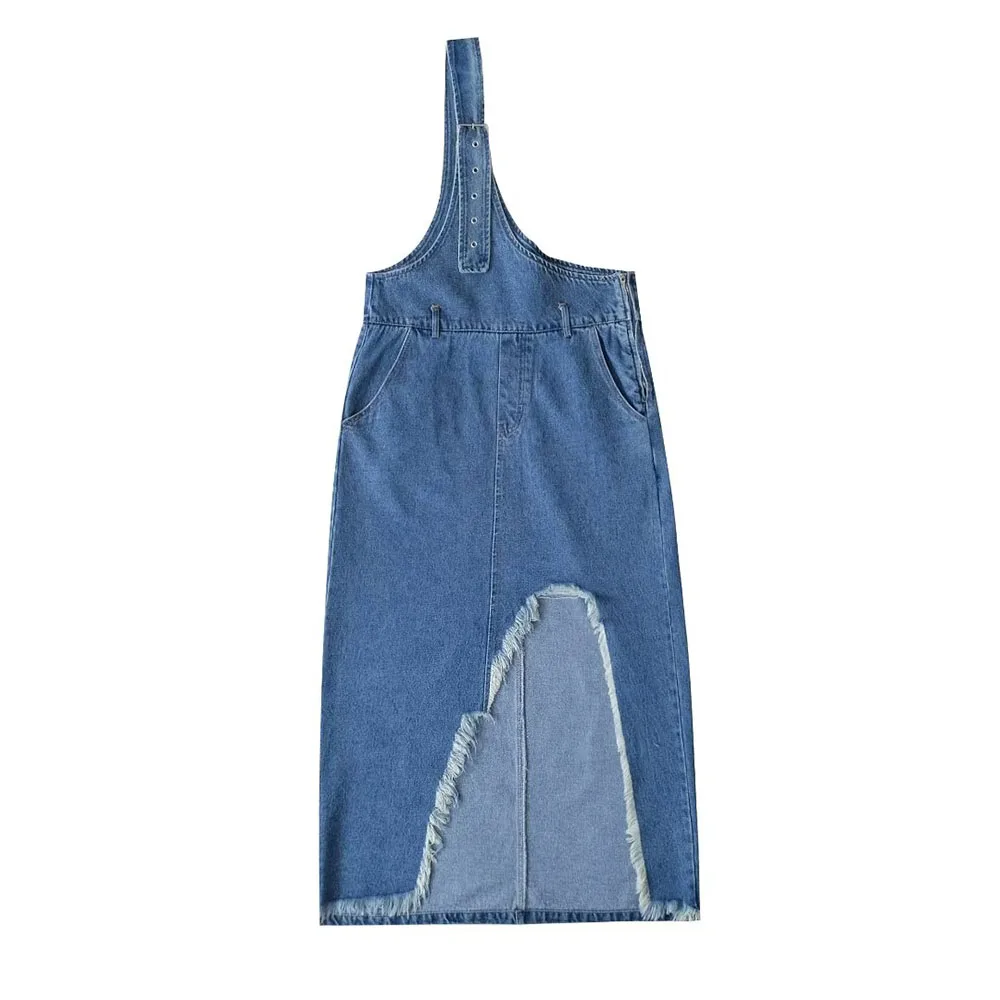 

PB & ZA Women 2023 New Fashion Shoulder Bag Denim Dress Chic Backless Asymmetrical Ruffled Sleeveless Long Dress Vestidos