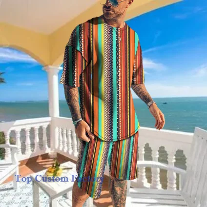 Tracksuit Suit Men's Summer Gold Pattern Street Short Sleeve Hawaii Style T-Shirt 2 Piece Set  Oversized Jogger Outfits