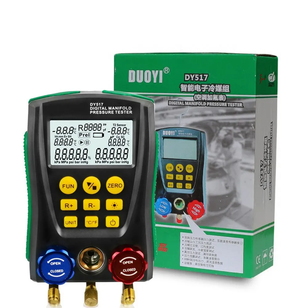 DY517 Digital Manifold Pressure Gauge Refrigeration Vacuum Pressure Manifold Tester Meter Temperature Tester Valve Tool Kit