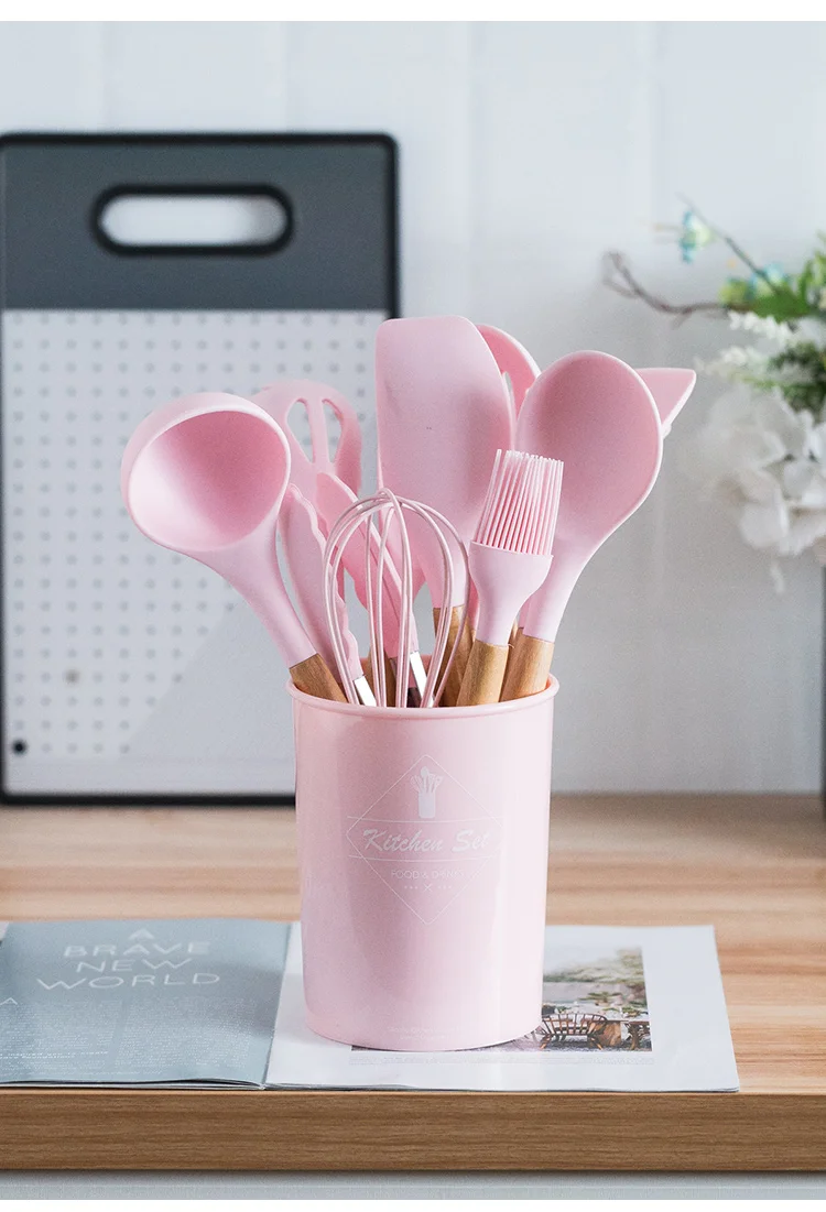 

Pink Cooking Kitchenware Tool Silicone Utensils With Wooden Multifunction Handle Non-Stick Spatula Ladle Egg Beaters Shovel