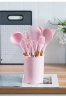 pink cooking kitchenware tool silicone utensils with wooden multifunction handle non stick spatula ladle egg beaters shovel