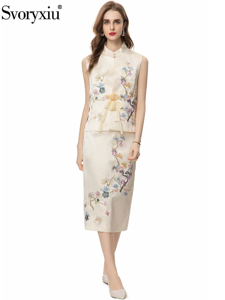 Женский костюм с цветочной вышивкой Svoryxiu разноцветный юбкой-карандаш без