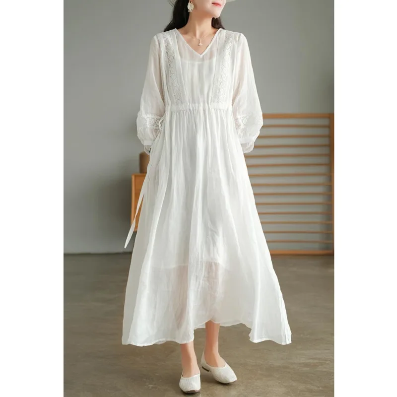 

Casual Long White Dress Women Maxi Dresses Summer Elegant V-Neck Loose Dress Bohemian Beach Holiday Solid Color Dress Vestidos