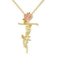 YFN Solid 14K Gold Cross Necklace for Women Real Gold Crucifix Faith Cross Pendant with Rose Flower Necklace