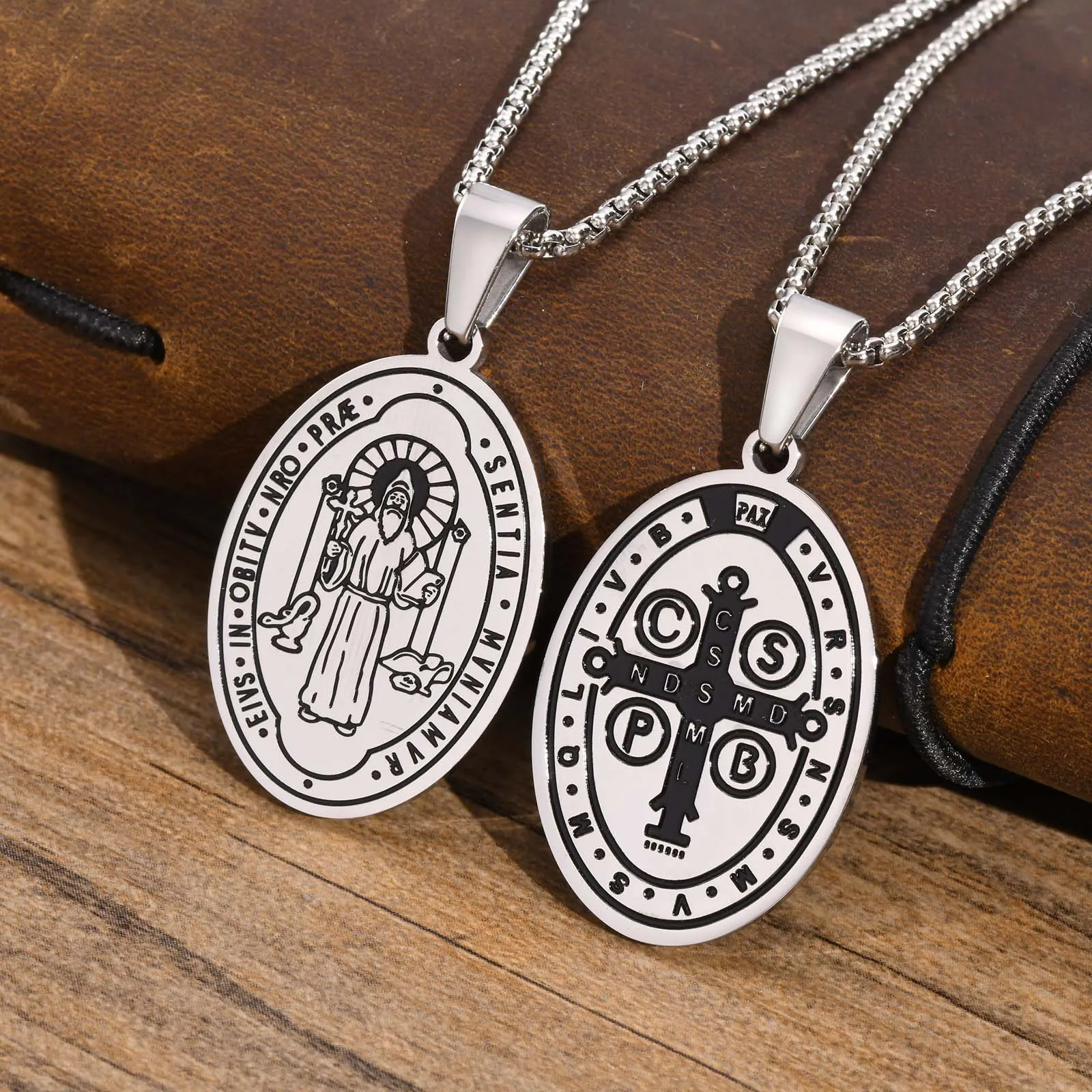 

JHSL Brand Men Christian Saint Benedict Oval Pendants Necklace Stainless Steel Chain Fashion Jewelry Silver Color Wholesale
