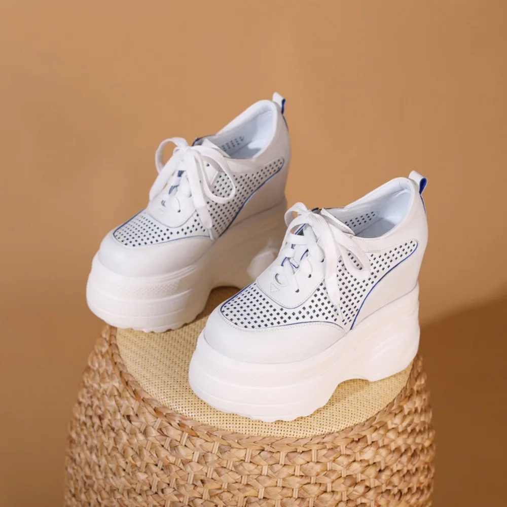 Кроссовки на танкетке из натуральной кожи 14 см летние туфли очень высоком