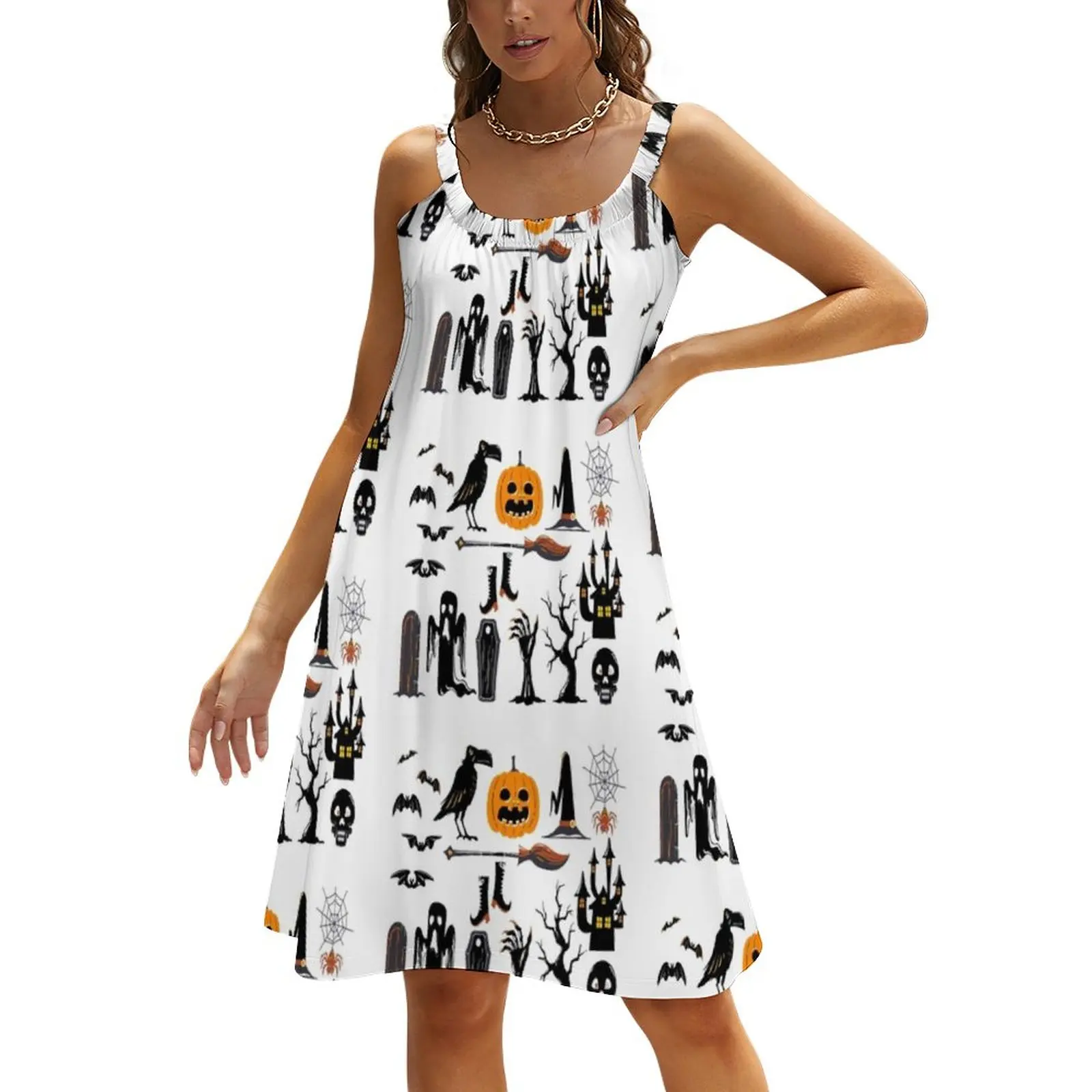 

Хэллоуин платье с тыквой подтяжками Хэллоуин Осенняя распродажа платья причудливый Молодежный узор односекционное платье