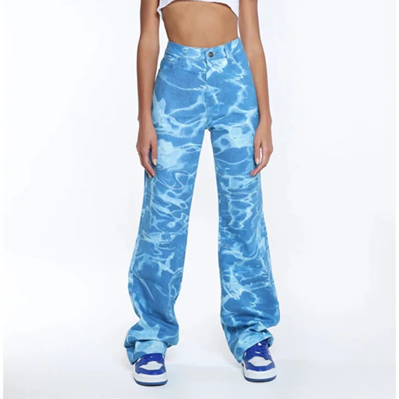 

High Waist Straight Street Print Casual Jeans Woman High Waist Y2k Pants Streetwear Women Jeans