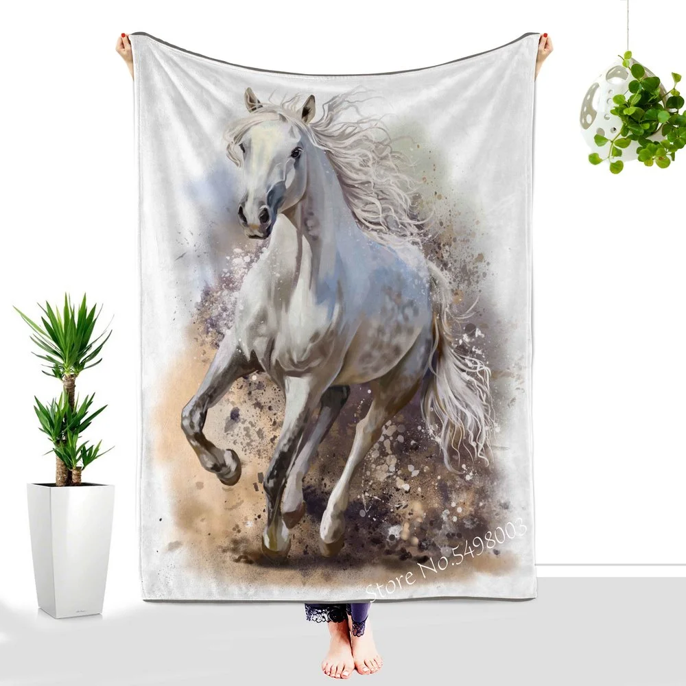 Manta de franela de caballo corriendo, manta de animales de arte, mantas de caballo blanco para sofá, regalo para adultos, colcha suave y cálida, funda de cama, envío directo