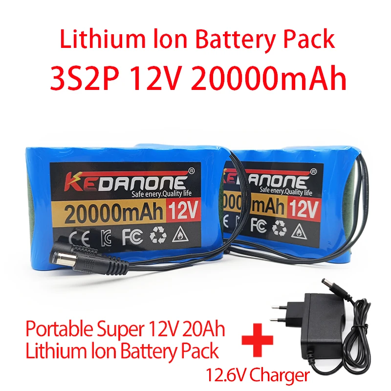 

New 3S2P Portable 12V 20Ah 18650 Rechargeable Li-Ion Battery,For 12.6V Camera Monitor DC CCTV Replacement Lithium Ion Battery