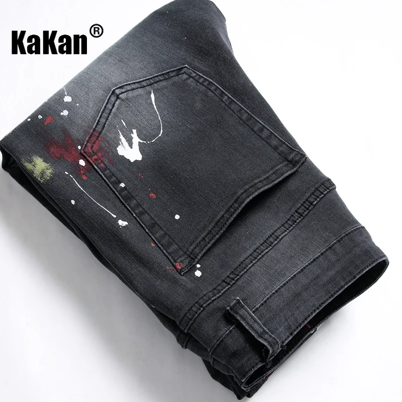Kakan - New Distressed Painted Jeans for Men, Stretch Trend Personalized Slim Fit Small Feet Black Long Jeans K19-1150