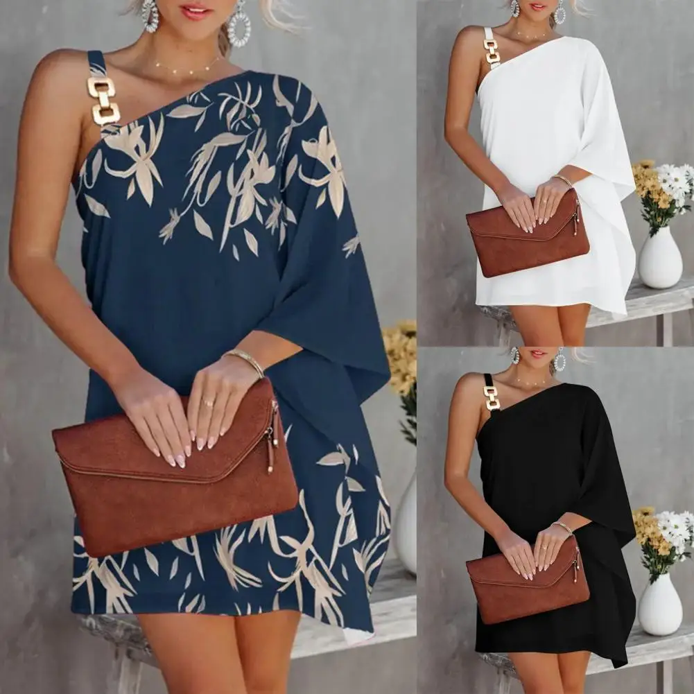 

Fashion women's summer dress Anti-shrink Beach dress printing Sexy Single Batwing Sleeve Casual Dress Leaves Print