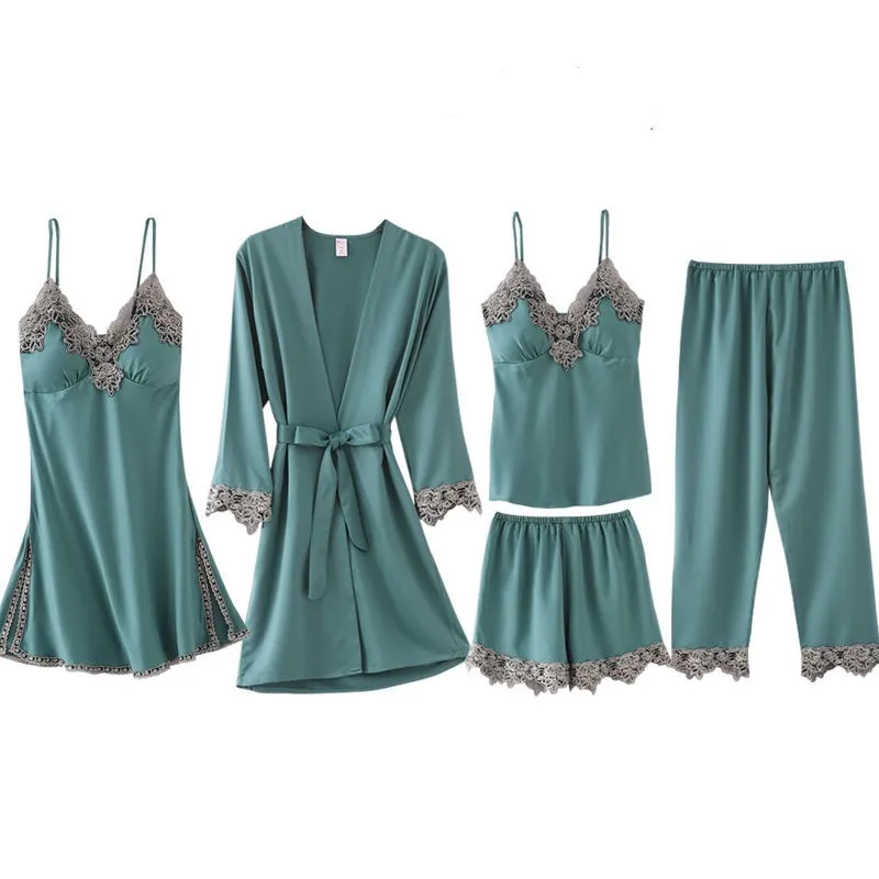 

Lace Satin Women Satin Silk Pyjamas 5 Pieces Sleepwear Woman Night Robe Set