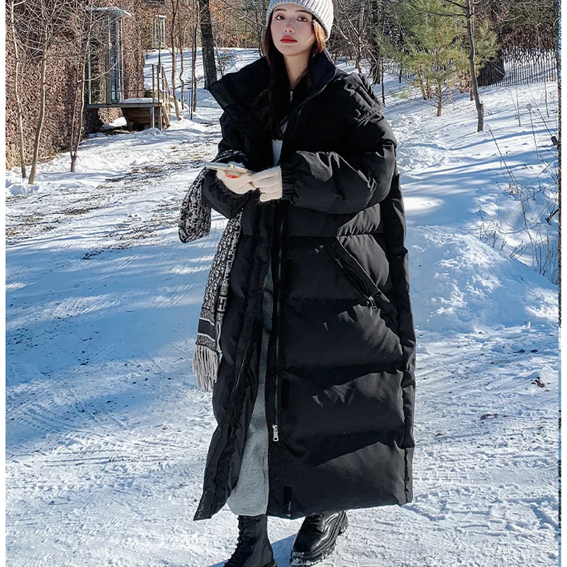 Women's X-long Black White Down Cotton Hoodie Coat Ankle Length Lengthened Oversize Loose Overcoat Thicken Warm Jacket Snowwear