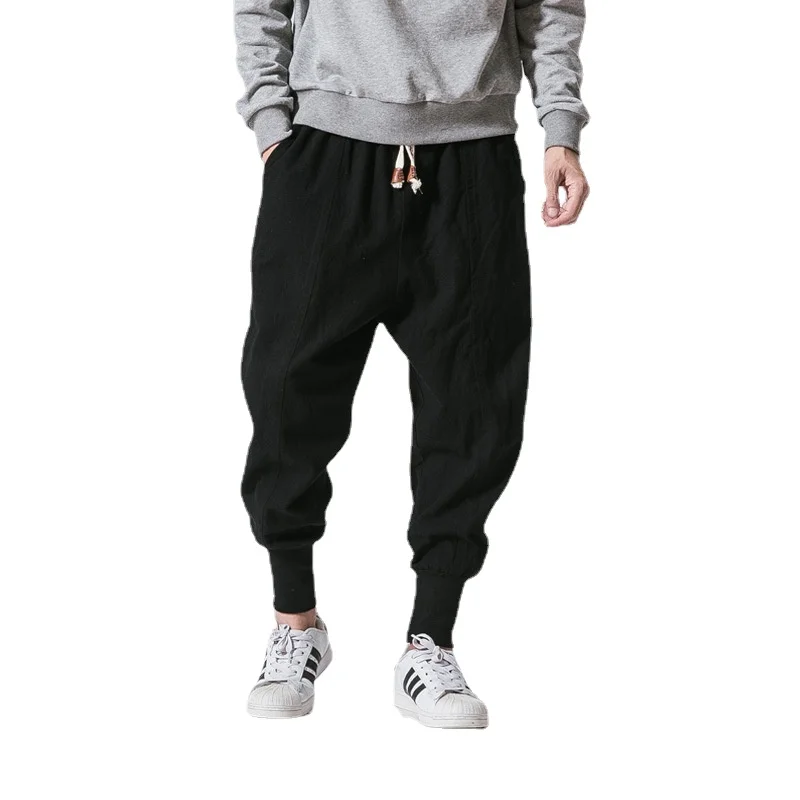 

Cotton Linen Harem Pants Men Solid Elastic Waist Streetwear Joggers 2022 New Baggy Drop-crotch Pants Casual Trousers Men