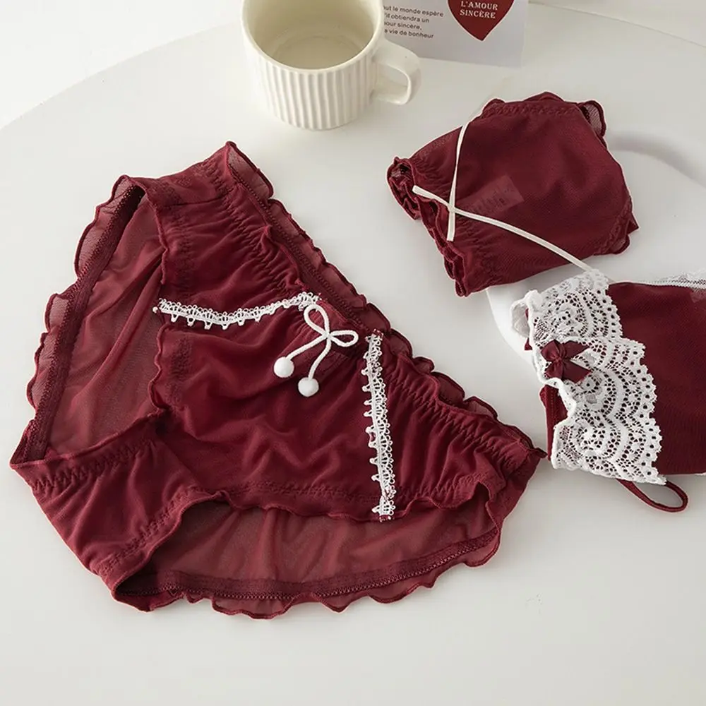 

Cotton Crotch Mesh Bowknot Solid Color For Female For Girls Briefs Wine Red Panties Middle Waist Thong Female Lingeries