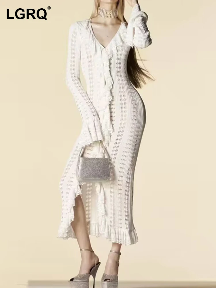 

Женское трикотажное платье с V-образным вырезом и длинным рукавом