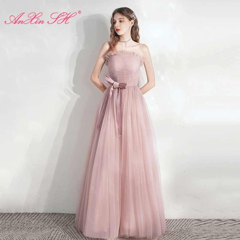 

AnXin SH Принцесса Розовое Кружевное Вечернее платье винтажное с оборками без бретелек для невесты с большим бантом трапециевидной формы на шнуровке длинное вечернее платье для невесты