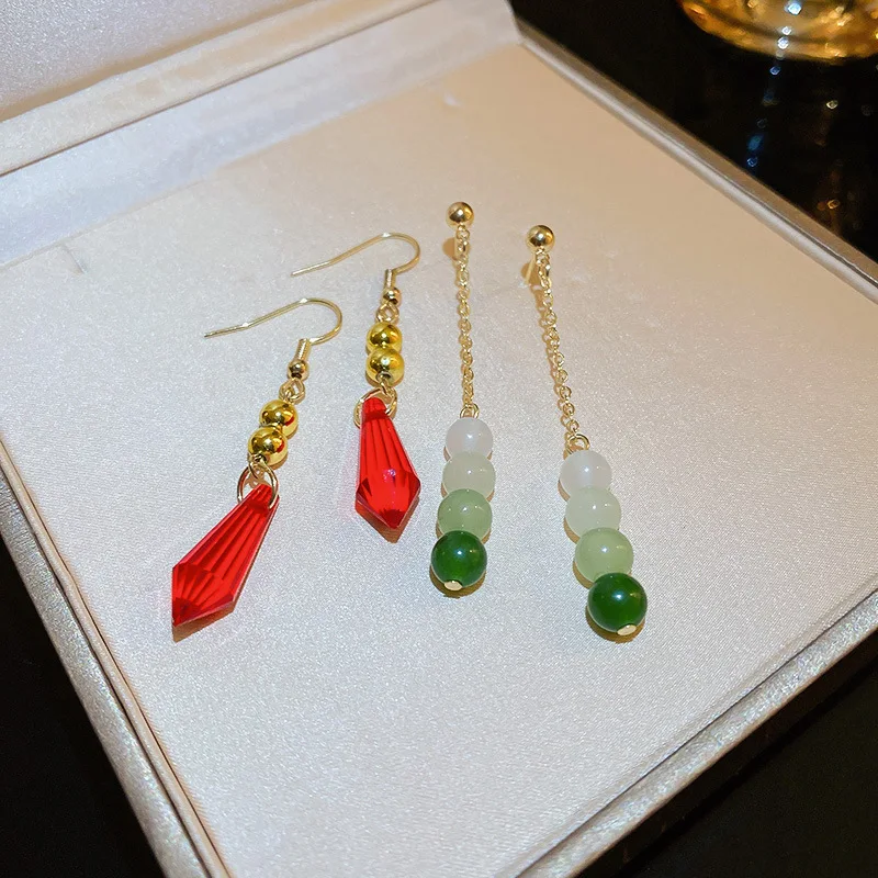 

Minar 2022 Fashion Gradient Green Color Strand Resin Dangle Earring for Women Brass Gold Beaded Long Tassel Earring Oorbellen
