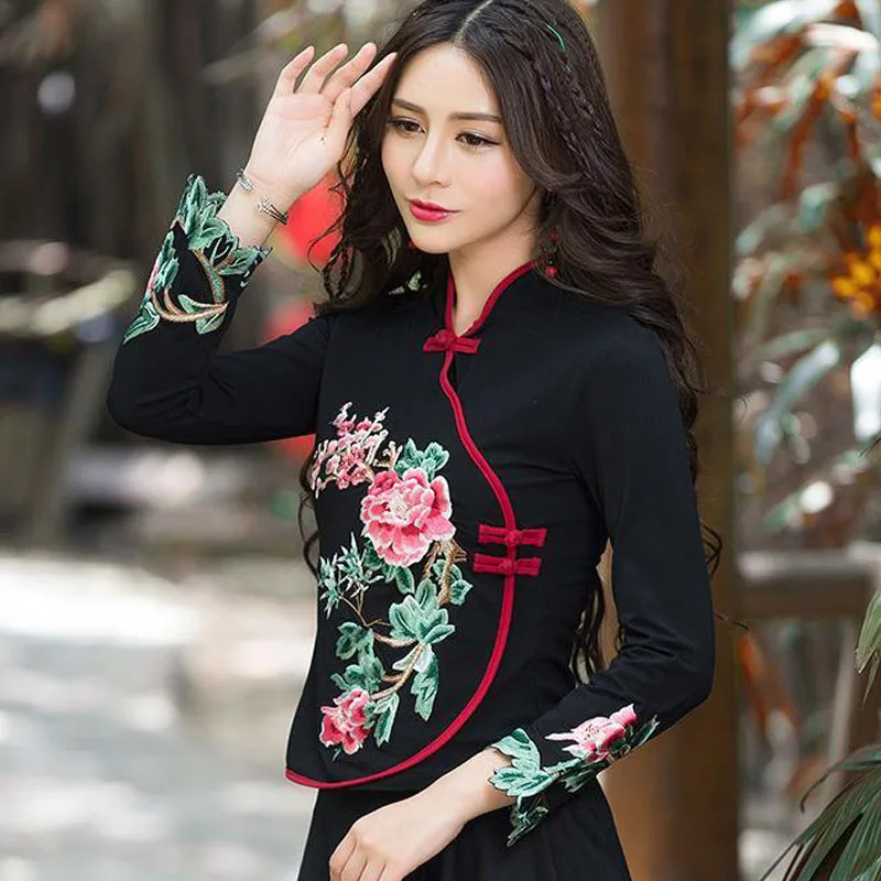 Женский короткий топ в стиле Ципао Осенние блузки из смесового хлопка с вышивкой