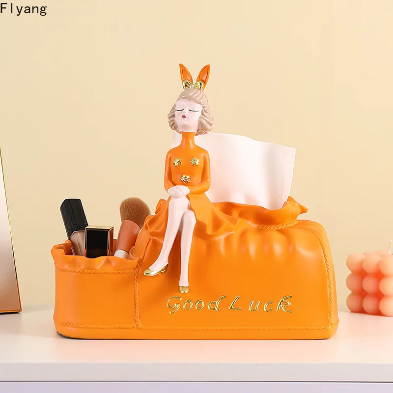 Creative modern multifunctional storage tissue box cute bunny girl statue tissue box storage ornaments desktop storage drawers