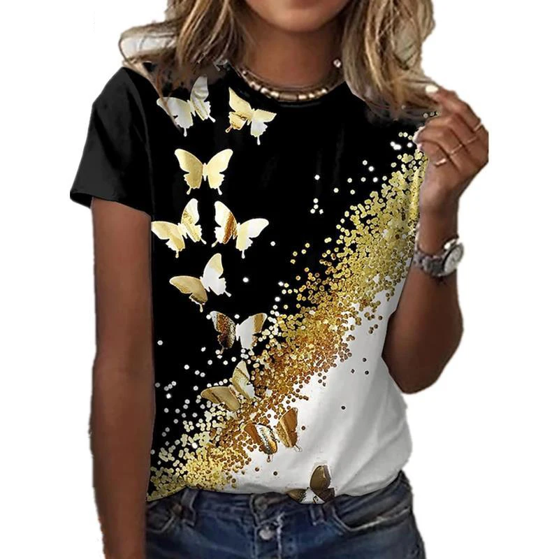 

2022 New Butterfly Lady T-Shirt 3D Floral Print Round Neck Casual Niche Design Sense Clothing Female Animal Series Short Sleeve
