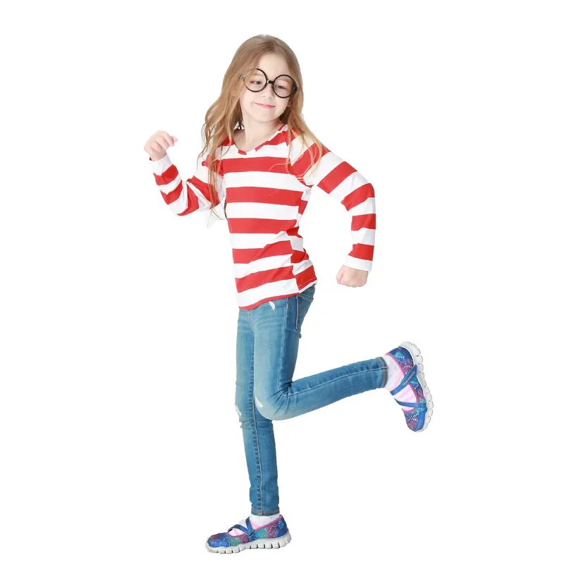 Фото Костюм для косплея Chlid Wally Waldo, рубашка в белую и красную полоску для девочек, наряд ко Дню книги мира, нарядное платье №3