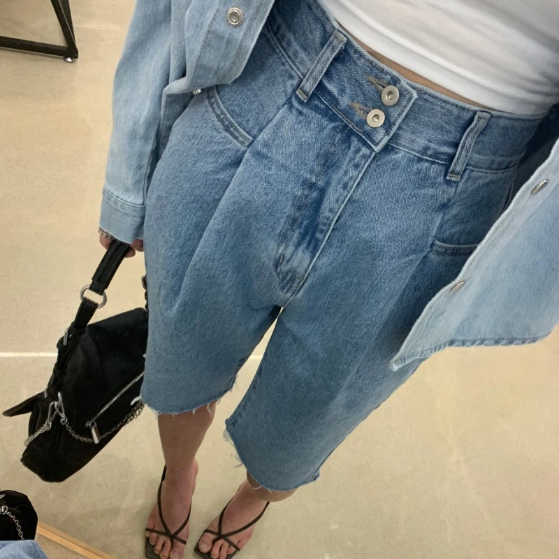 Шорты женские джинсовые с высокой талией, повседневные свободные прямые штаны с карманами, уличная одежда, WH10, лето 2022
