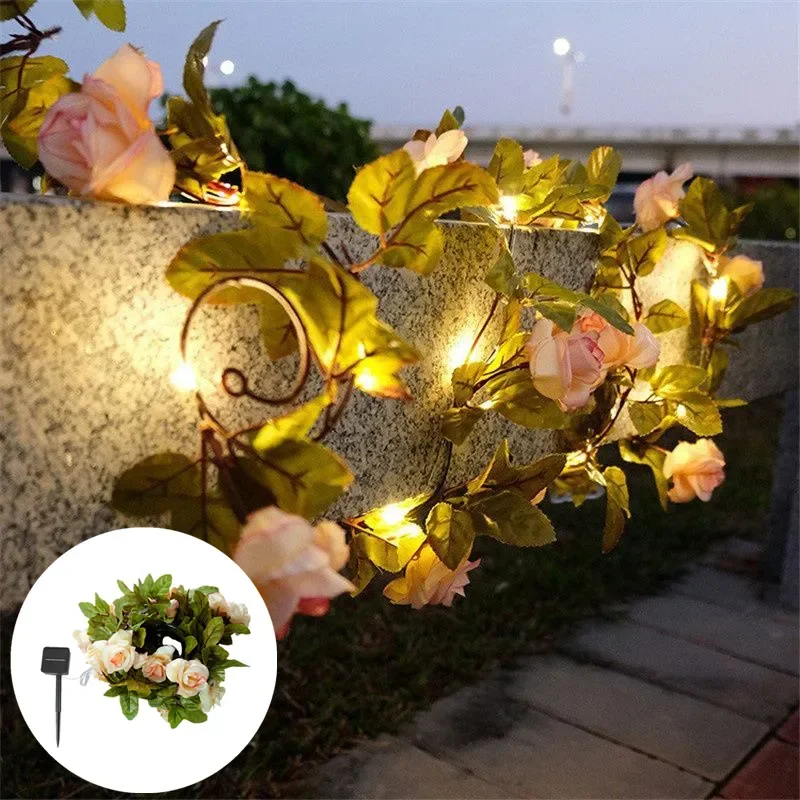 

Светодиодный светильник на солнечной батарее, наружная гирлянда для свадьбы, дома, кемпинга, Рождества, дневное освещение с зелеными листьями и цветами
