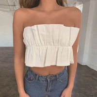 women 2021 sexy holiday ladies t shirts red pink ruffle crop tops elastic tied back beachwear summer sleeveless cropped top new