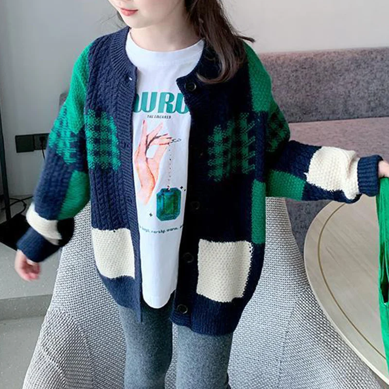 

2023 Autumn Kawaii Sweat All Match Girls Sweater Tee Long Sleeve O Neck Cardigan Sweater Button Contrasting Colors Knitting Tops