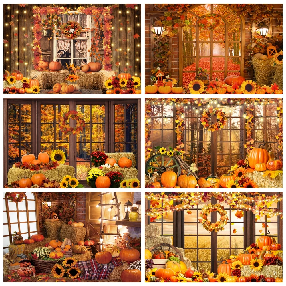

Autumn Forest Window Photography Backdrop Fall Harvest Maple Leaves Pumpkin Farm Barn Haystack Baby Portrait Photo Background
