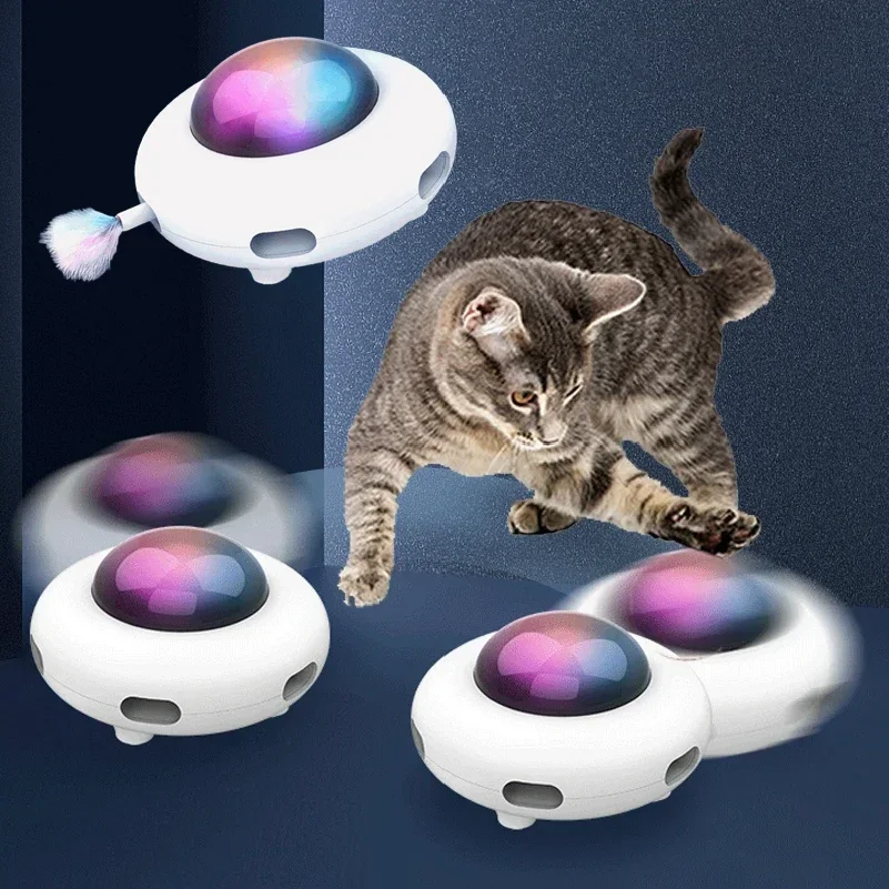 Фото Интерактивная игрушка-дразнилка для кошек UFO: умная вращающаяся платформа для тренировки ловкости, USB-зарядка, сменные перья, автоматическая подача №3