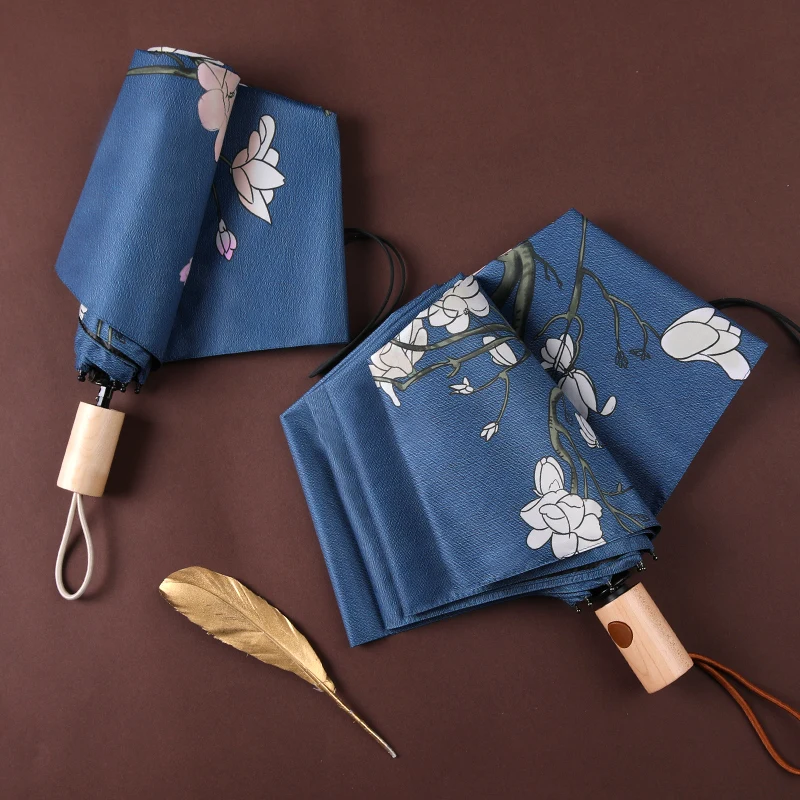 Traditional Chinese Folding Umbrella Blue Retro Unique Wind, Rain and Rain Mini Small Fresh Portable Umbrella Household Supplies