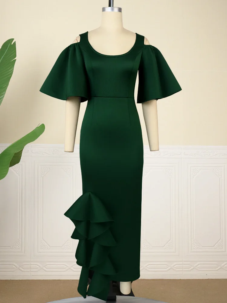 Plus Size Elegant Ruffles Party Dress For Women Short Flare Sleeve Bodycon Long Vestidos Night Club Banquet Gowns Female Outfits