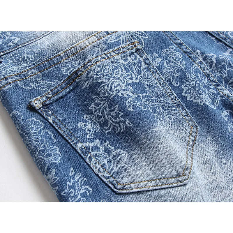 2022 High Quality Men Casual Jeans Flower Digital Printing Straight Biker Jeans Male Vintage Blue Denim Pants Hombre Plus Size