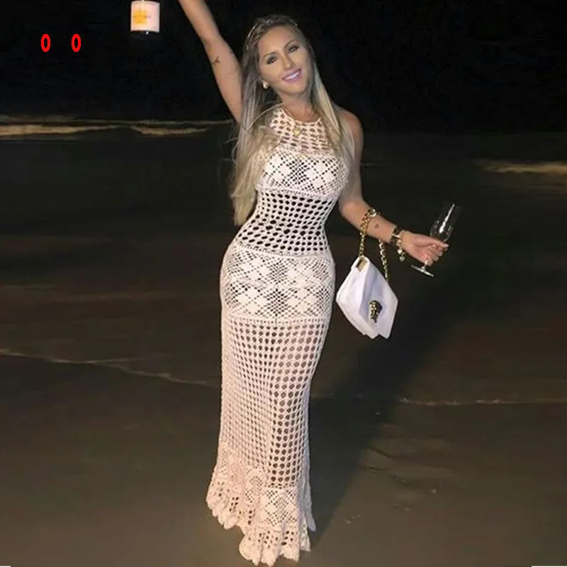 

Prowow Knitted Crochet Women Beach Dress 2023 New Summer White Maxi Hollow Out Cover-ups for Bikinis Sleeveless Lady Outfits