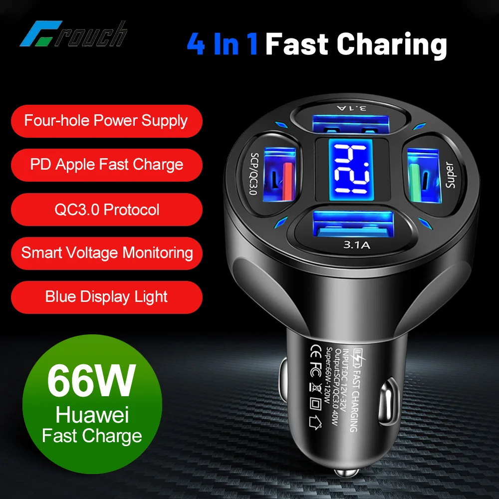 

4in1 66W USB Car Charger Fast Charging Digital Display QC3.0 Mobile Phone Charger in Car For iPhone 13 12 Xiaomi Samsung Huawei