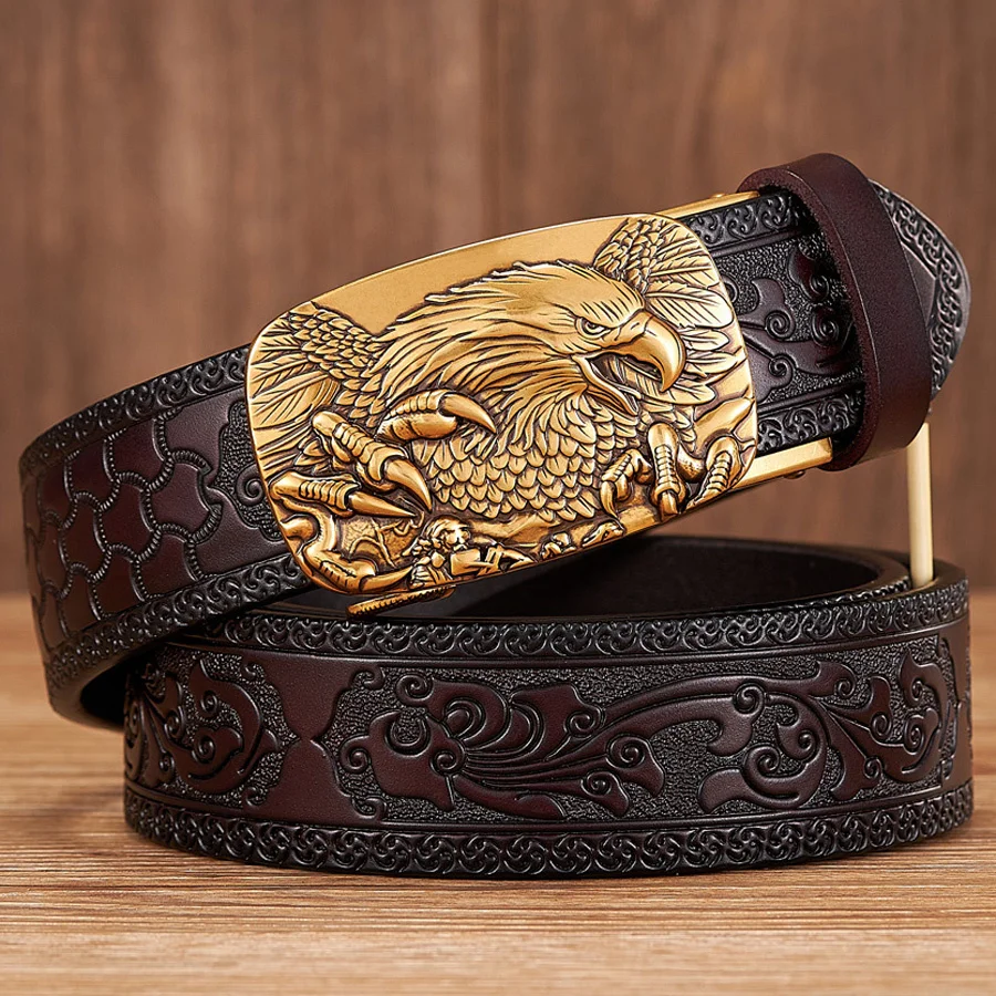 3.5CM Eagle Alloy Automatic Buckle Cowskin Leather Belt Quality Men Wasiad Strap Genuine Leather Gift Bussiness Belt For Jeans