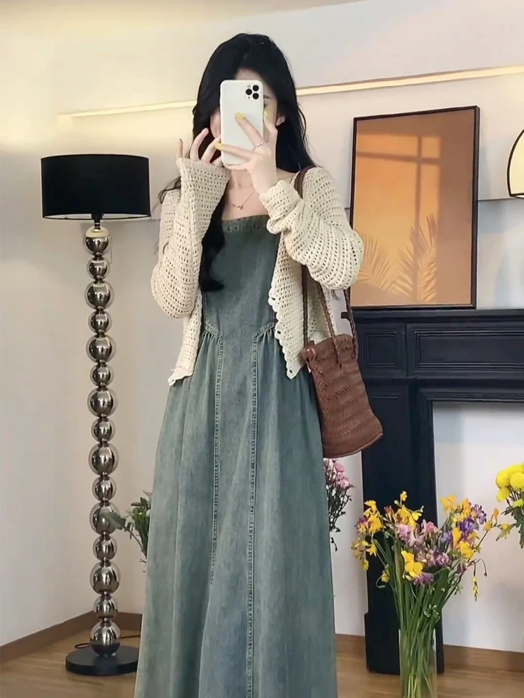 Новинка 2024 летний джинсовый кардиган на бретельках во французском стиле в ретро