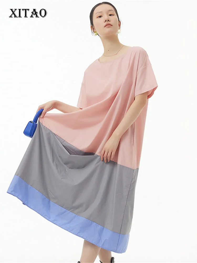 

XITAO Hit Color Dress Fashion Pullover Small Fresh Pleated Goddess Fan Casual Style 2022 Summer Minority Loose Dress WMD5429