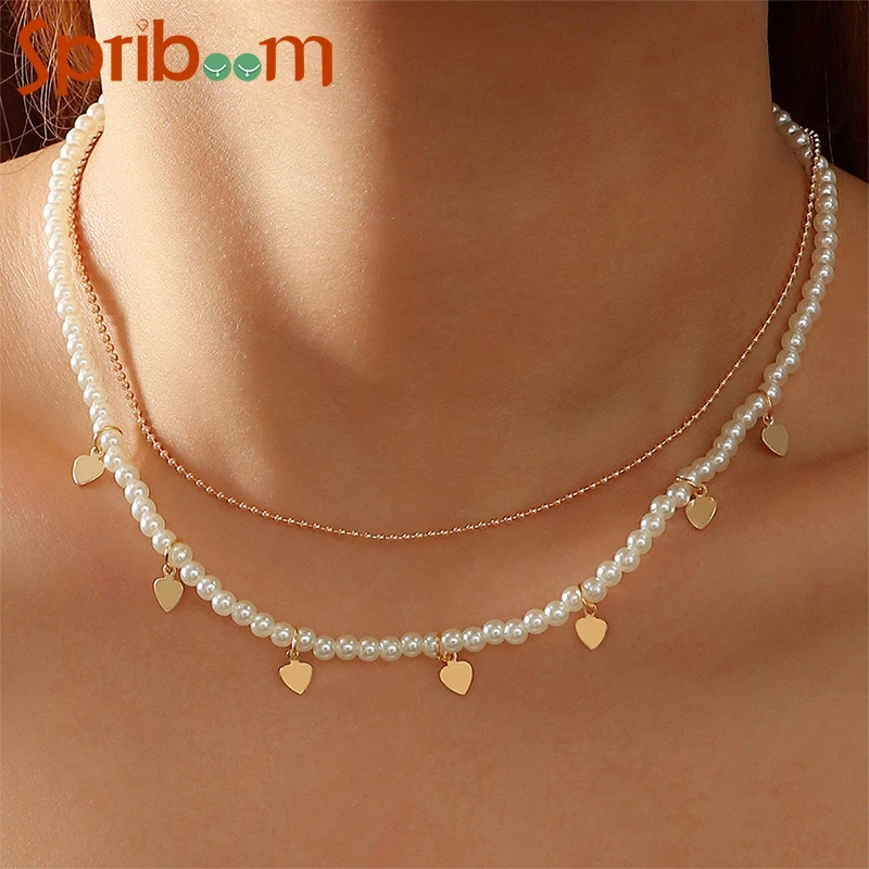 

Women's Necklace Sweet Pearl Heart Charm Choker Necklaces Double Layer Clavicle Chain 2022 Trendy Neck Jewelry Accessories Gifts