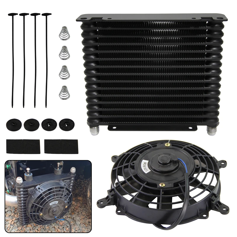

AN10 32mm Aluminum 15 Row Engine/Transmission Racing Oil Cooler +7" Electric Fan Kit Black For mercedes w203